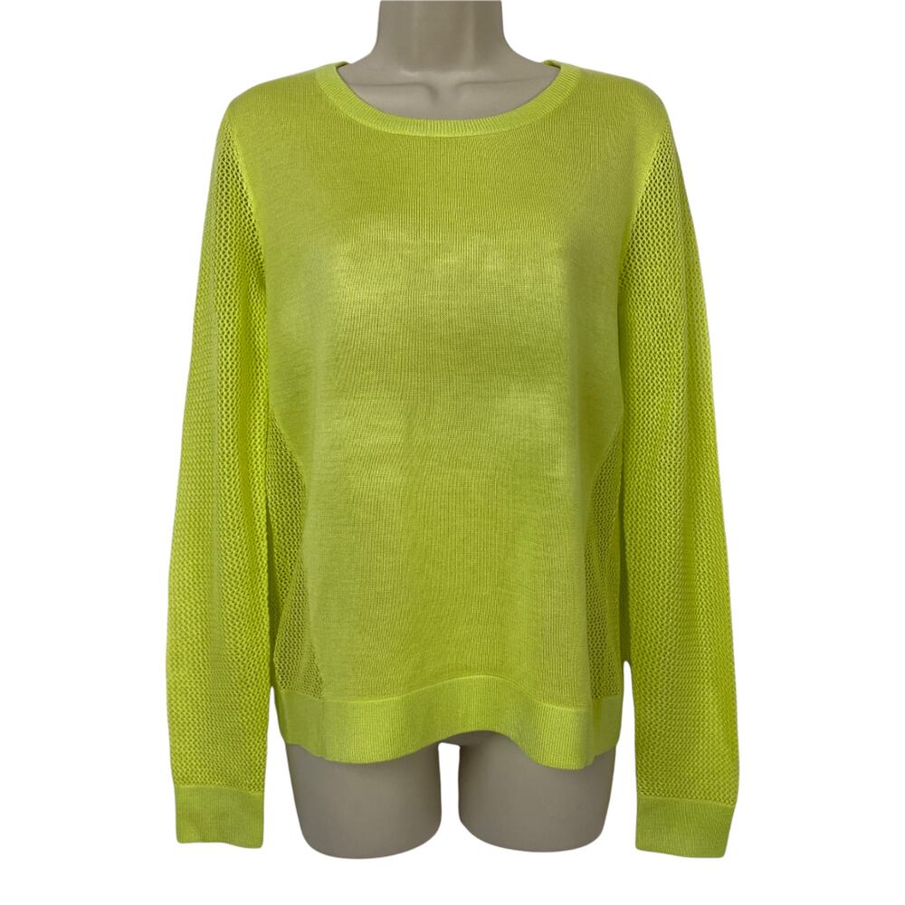 CAbi Sweater Womens Small Yellow/Green Open Knit Split Back Sheer Neon Retro 199